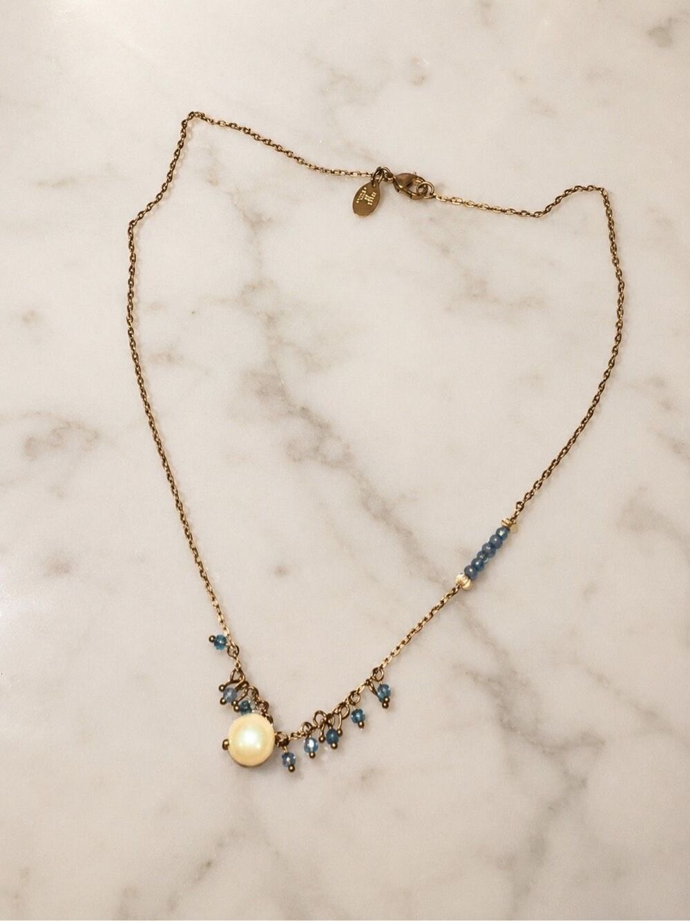 Anthropologie 17” Pearl Blue Beaded Gold Tone Delicate Necklace